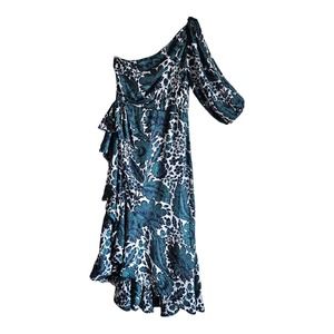 J. CREW COLLECTION 14 Dress One Shoulder Emerald Green Floral Midi Ruffle BK996